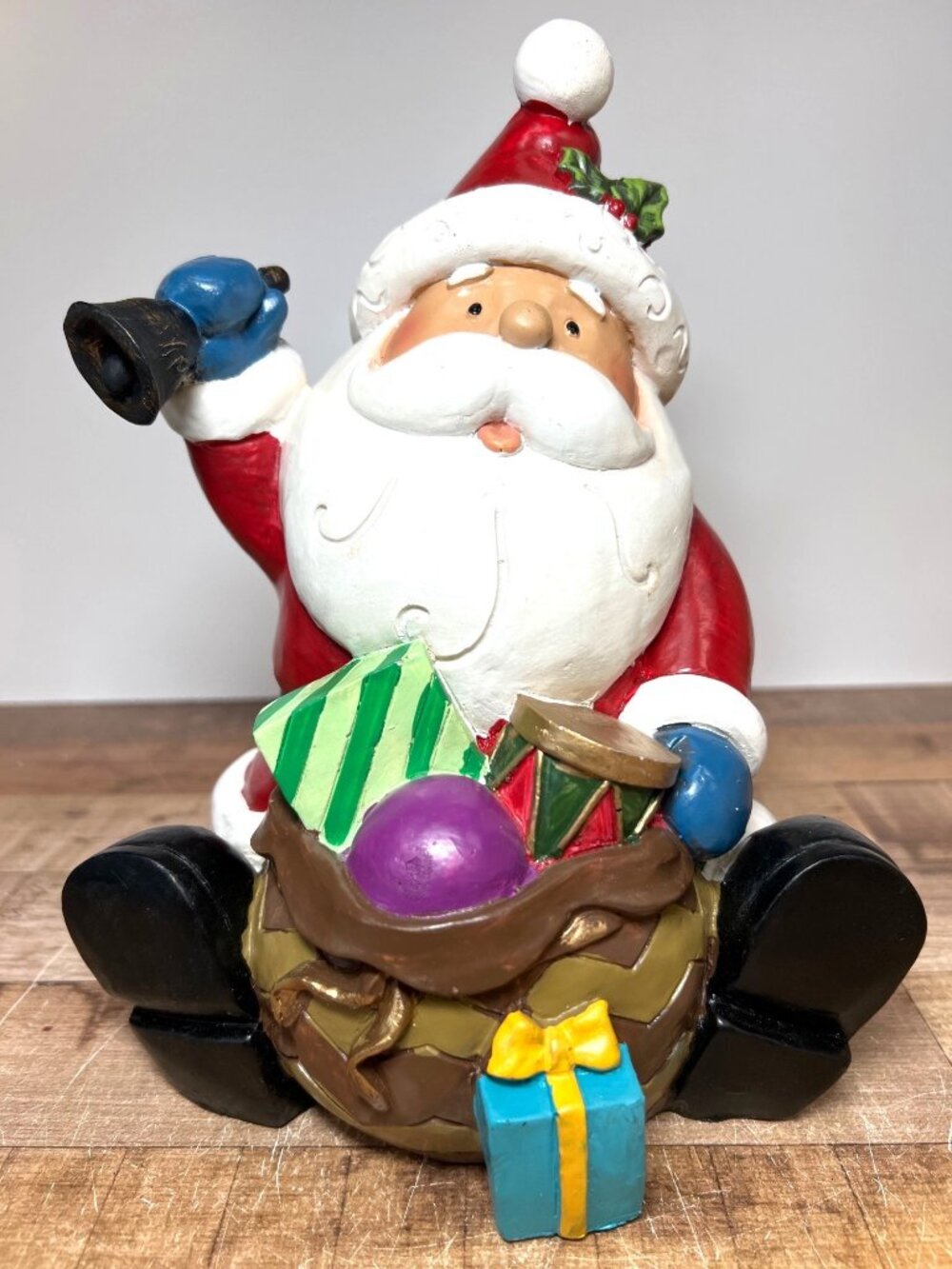 Santa Claus Ceramic Figurine With Bell & Gift Christmas Tabletop